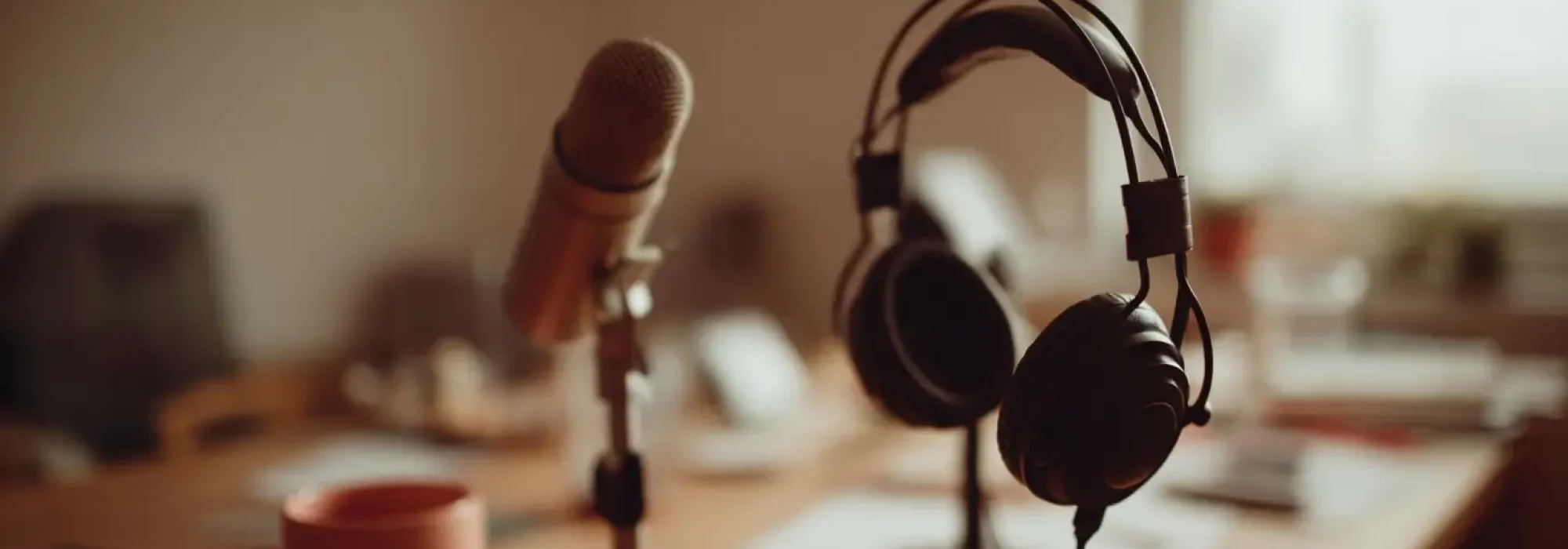 podcast setup close-up, headphones resting on a microphone stand, soft warm studio lighting, papers and a coffee cup slightly out of focus nearby, sharp focal headphones and microphone in foreground, blurred warm cozy studio environment in background, intimate creative atmosphere, warm inviting tones, sharp foreground interaction, blurred movement in background, motion blur, lifestyle photography, depth of field --ar 16:9 --raw --profile trs8prc --v 7 Job ID: b072a804-11ef-4cb8-b9ea-ff1c4a3c5b37